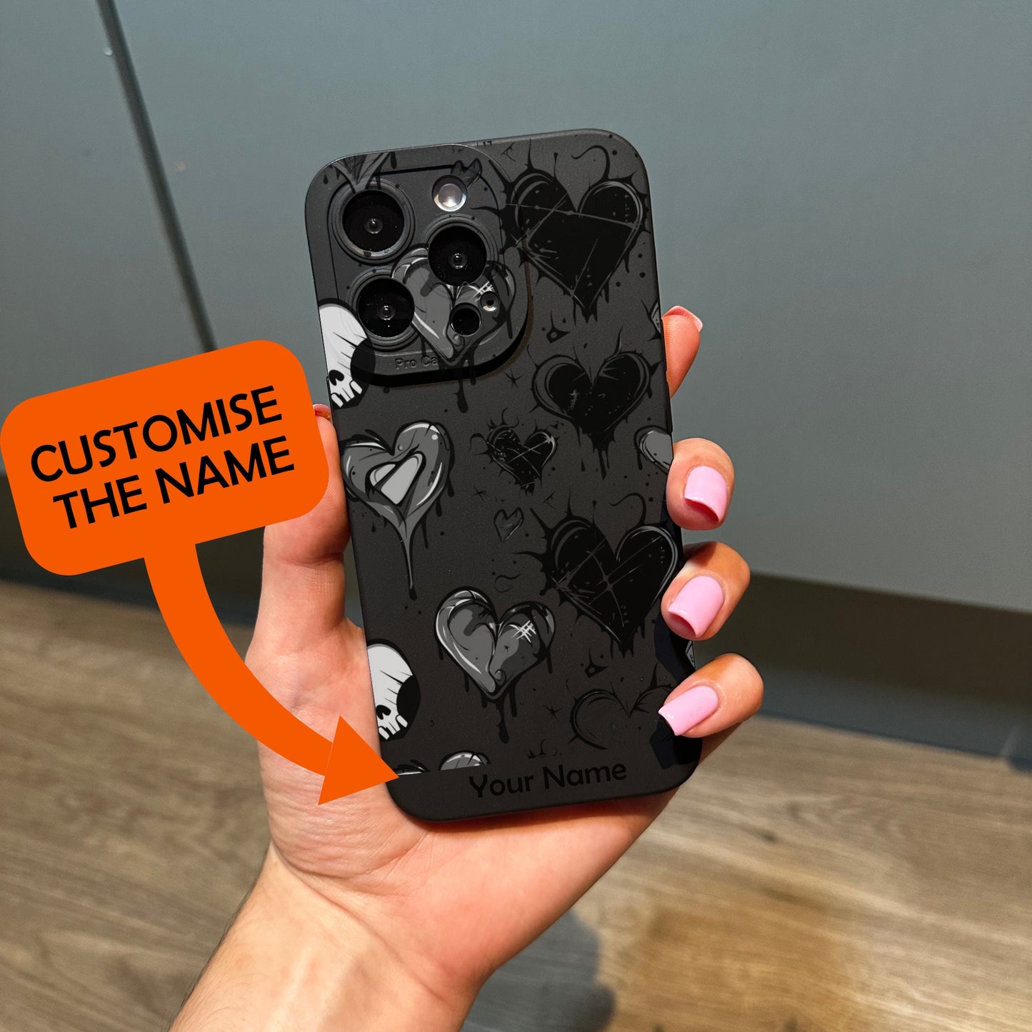 Gothic Emo Black Heart Phone Case for iPhone 17 16 15 14 13 12 11 11 Pro Max Mini 7 8 XR XS X Shockproof Phone Cover with Customised Name