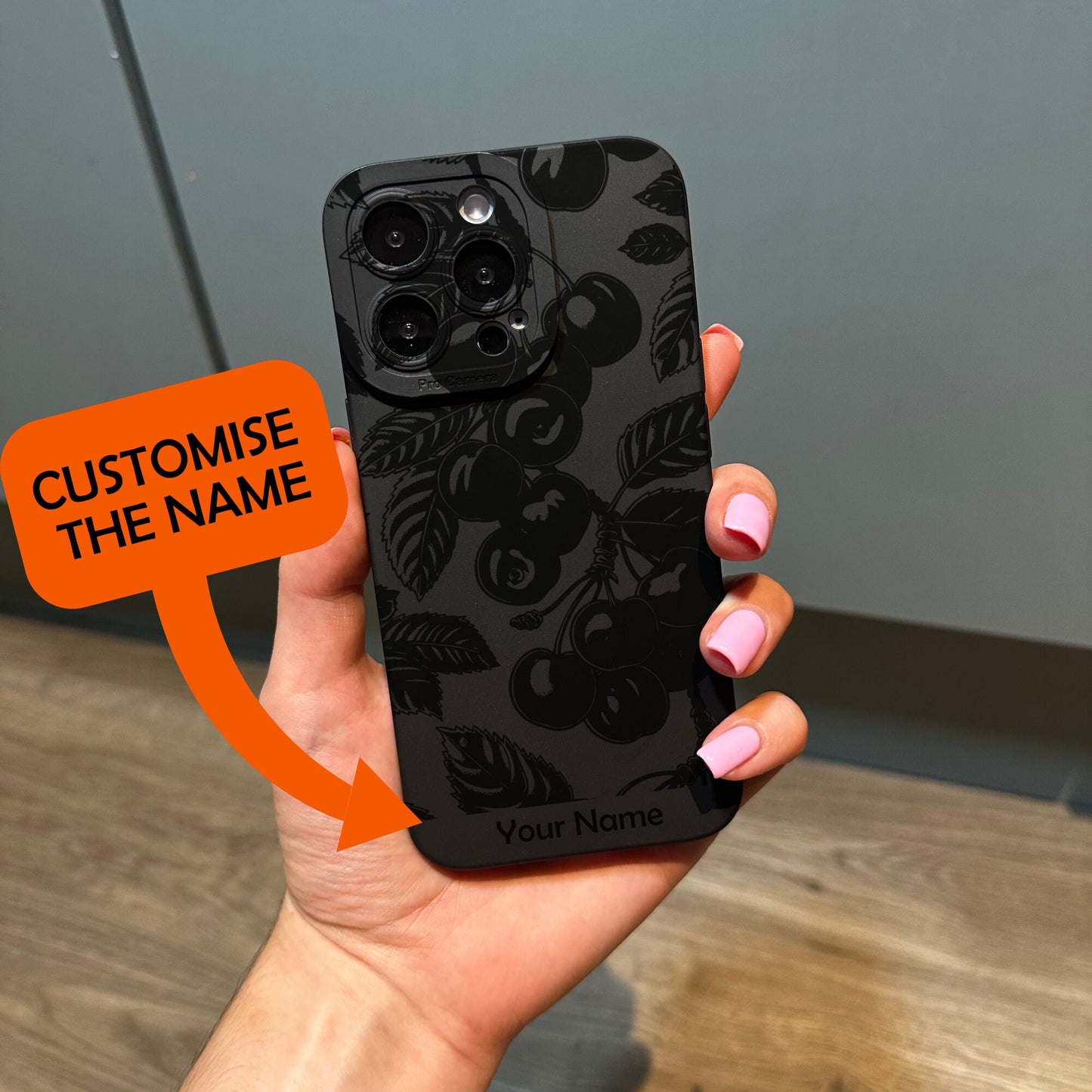 Black Cherry Print Phone Case for iPhone 15 14 13 12 11 11 Pro Max Mini 7 8 XR XS X Shockproof Phone Cover with Customised Name