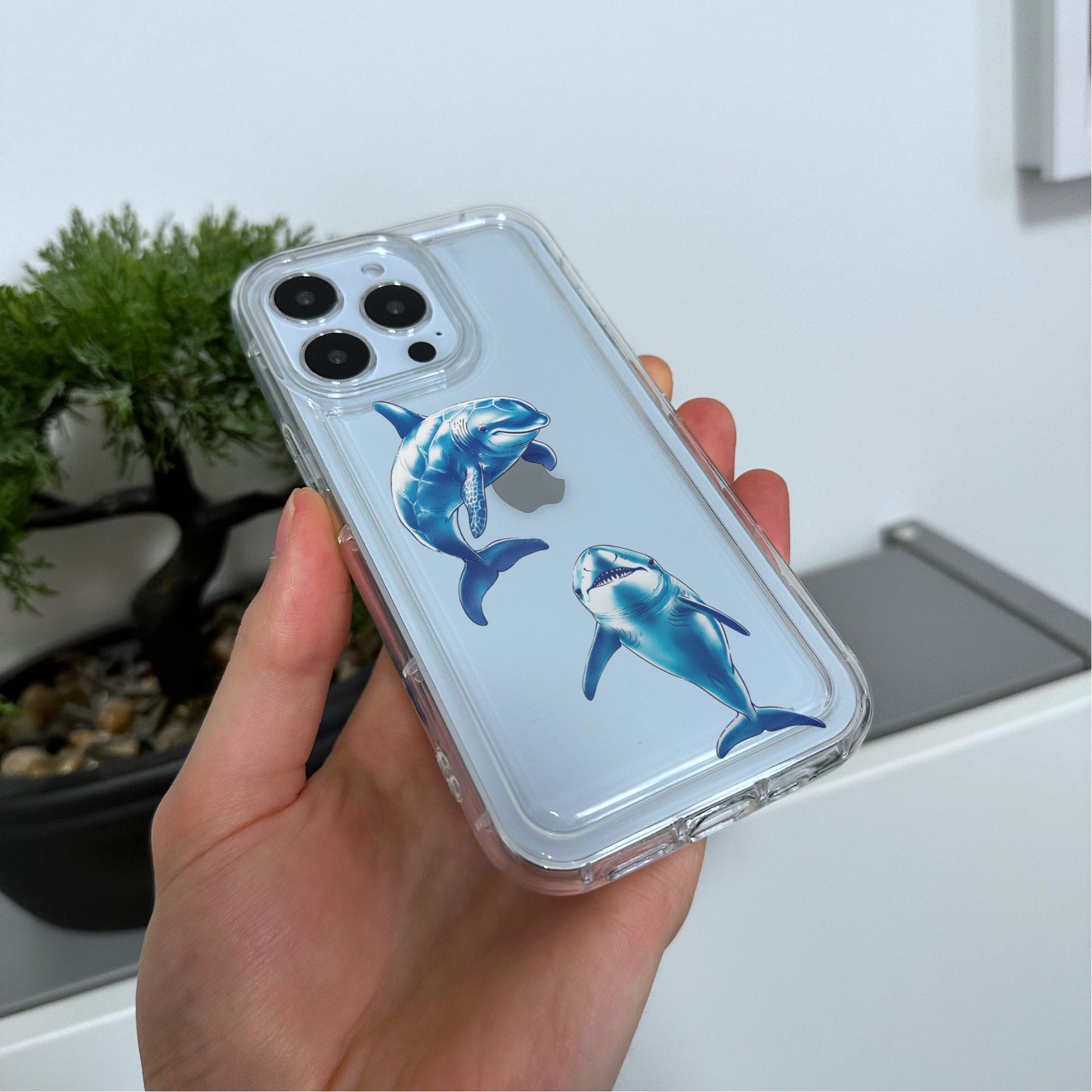 Clear Shark Print Phone Case for iPhone 15 14 13 12 11 11 Pro Max Mini 7 8 XR XS X Shockproof Silicone Phone Cover with Custom Name