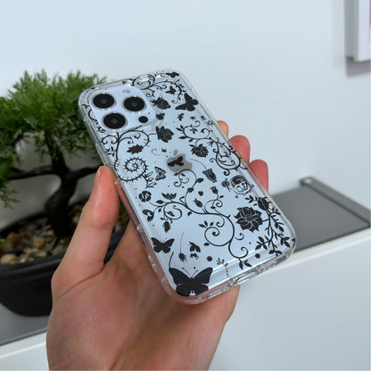 Floral Gothic Butterfly Clear Phone Case for iPhone 15 14 13 12 11 11 Pro Max Mini 7 8 XR X Shockproof Silicone Phone Cover with Custom Name