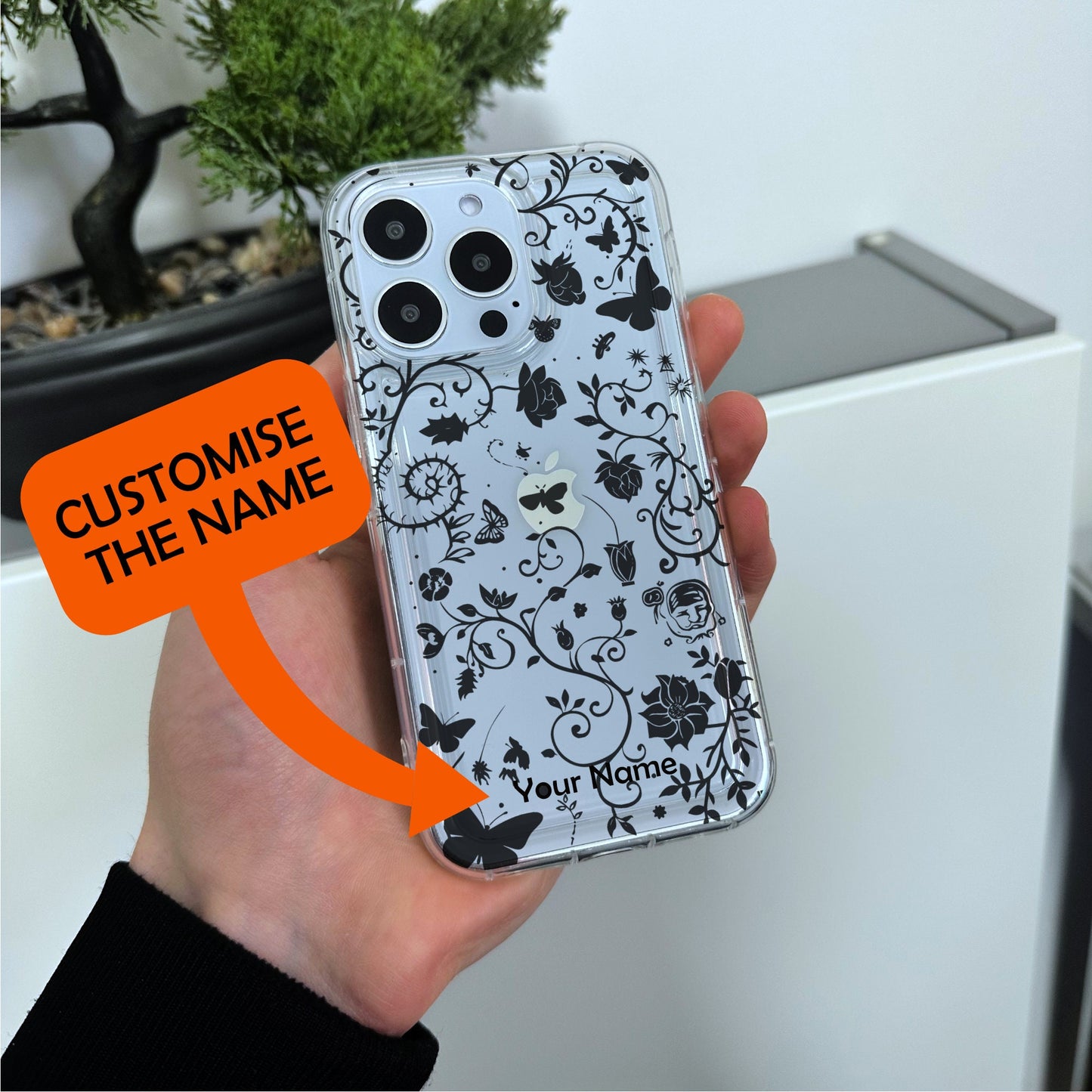 Floral Gothic Butterfly Clear Phone Case for iPhone 15 14 13 12 11 11 Pro Max Mini 7 8 XR X Shockproof Silicone Phone Cover with Custom Name