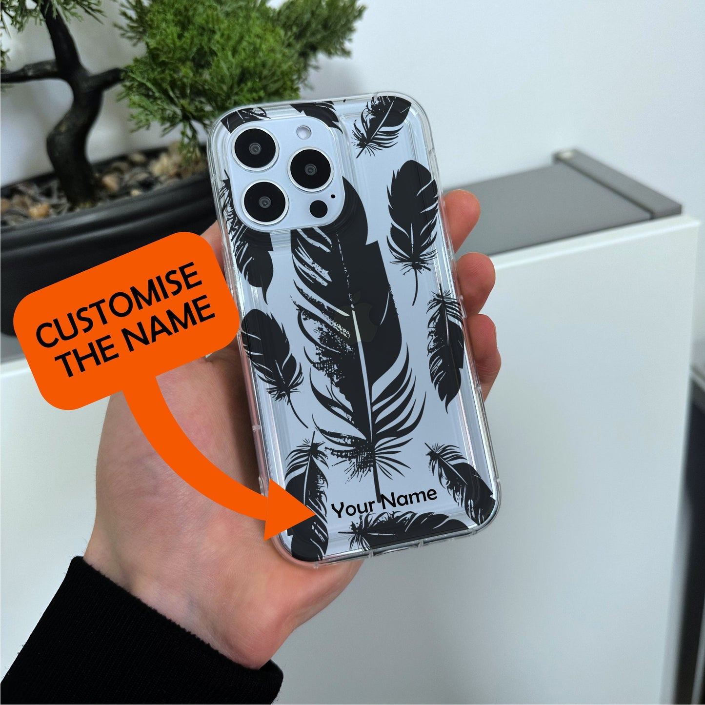 Feather Pattern Clear Phone Case for iPhone 15 14 13 12 11 11 Pro Max Mini 7 8 XR XS X Shockproof Silicone Phone Cover with Custom Name