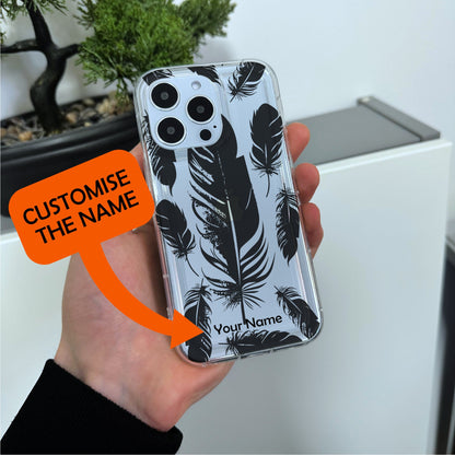Feather Pattern Clear Phone Case for iPhone 15 14 13 12 11 11 Pro Max Mini 7 8 XR XS X Shockproof Silicone Phone Cover with Custom Name