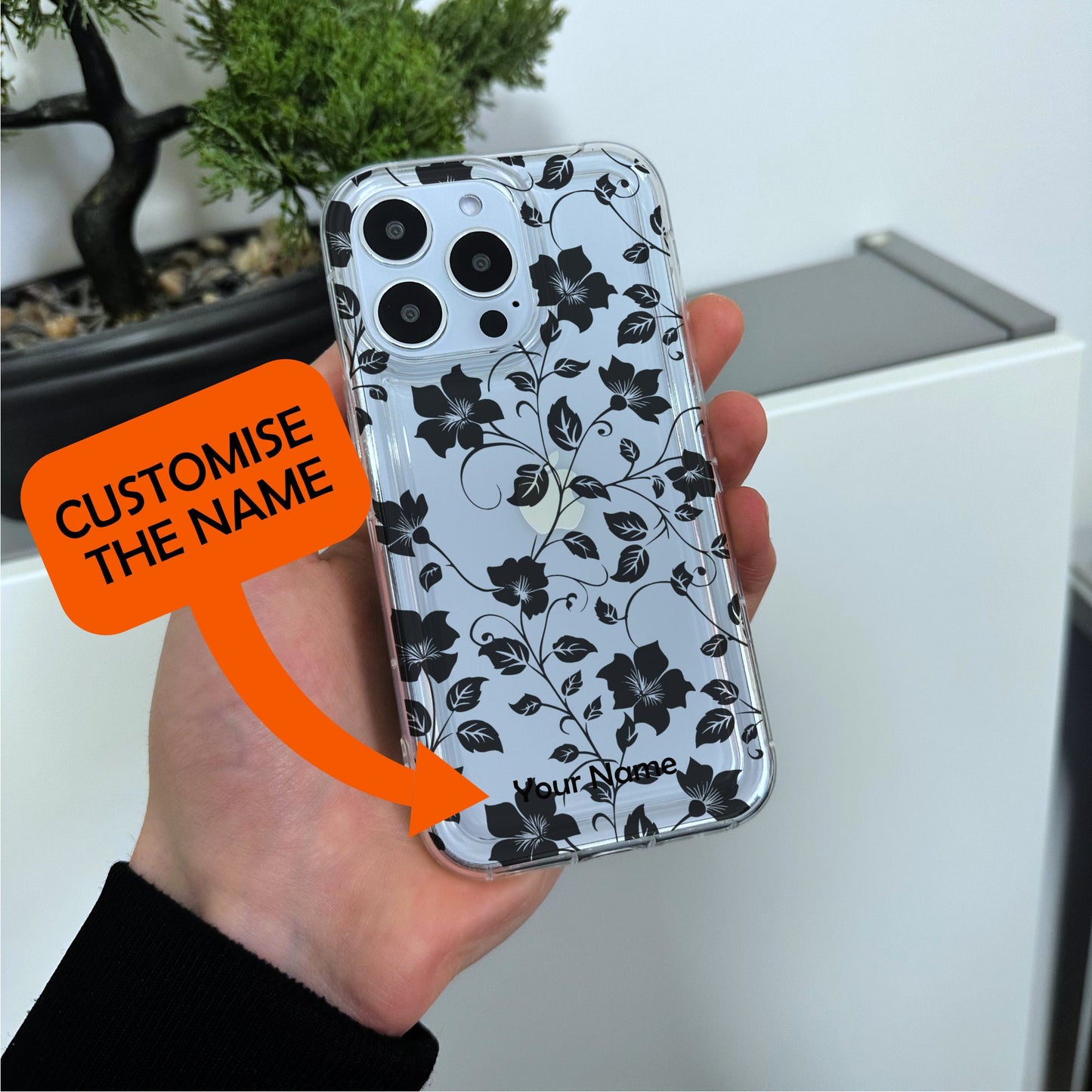 Floral Pattern Print Clear Phone Case for iPhone 15 14 13 12 11 11 Pro Max Mini 7 8 XR XS X Shockproof Silicone Phone Cover with Custom Name