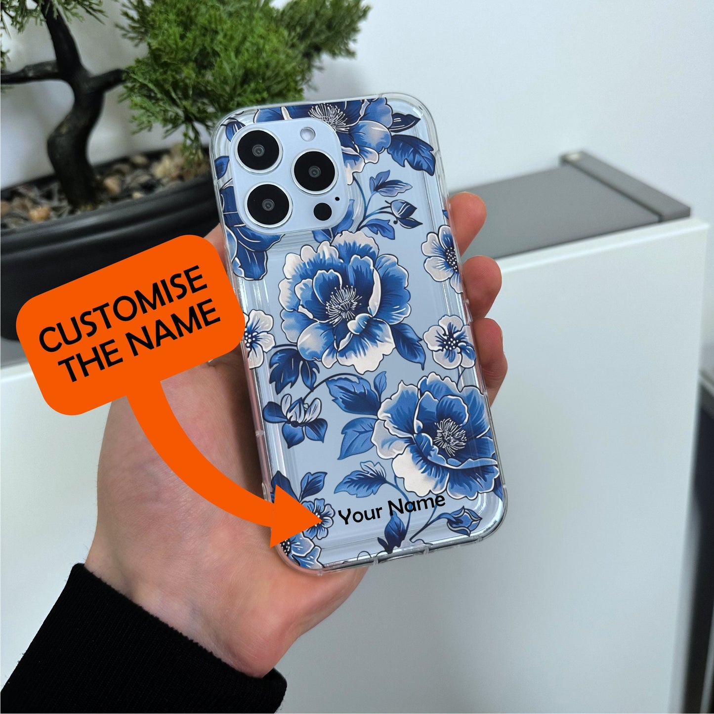 Blue Vintage Porcelain Clear Phone Case for iPhone 15 14 13 12 11 11 Pro Max Mini 7 8 XR X Shockproof Silicone Phone Cover with Custom Name