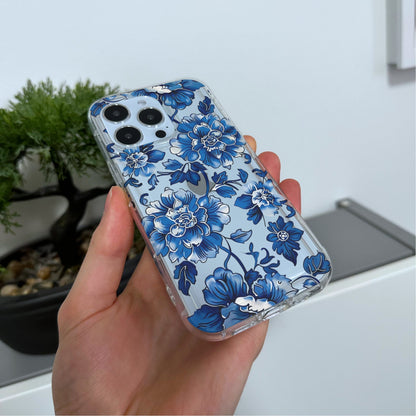 Blue Vintage Floral Clear Phone Case for iPhone 15 14 13 12 11 11 Pro Max Mini 7 8 XR X Shockproof Silicone Phone Cover with Custom Name