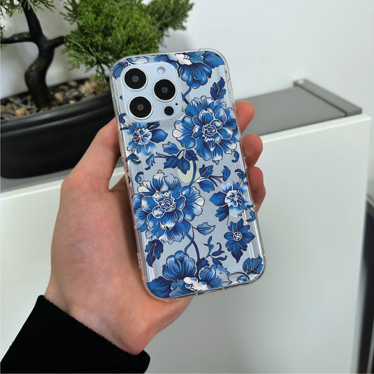 Blue Vintage Floral Clear Phone Case for iPhone 15 14 13 12 11 11 Pro Max Mini 7 8 XR X Shockproof Silicone Phone Cover with Custom Name