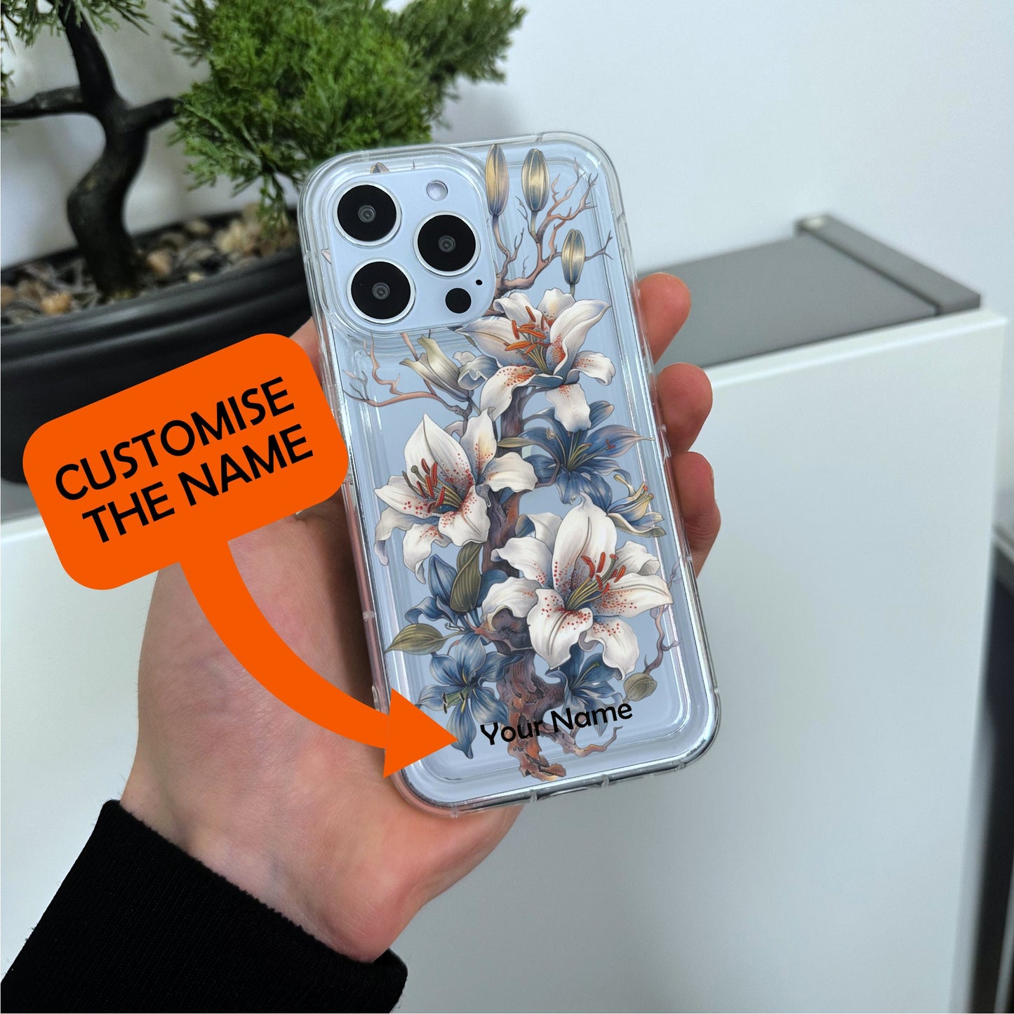 Botanical Flower Print Clear Phone Case for iPhone 15 14 13 12 11 11 Pro Max Mini 7 8 XR XS Shockproof Silicone Phone Cover with Custom Name