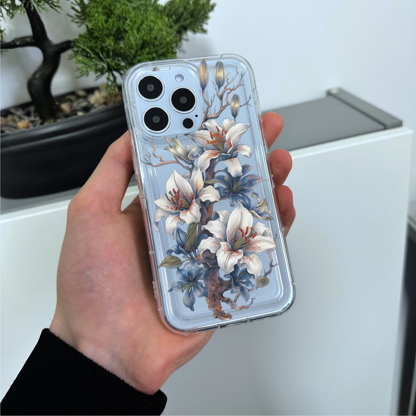 Botanical Flower Print Clear Phone Case for iPhone 15 14 13 12 11 11 Pro Max Mini 7 8 XR XS Shockproof Silicone Phone Cover with Custom Name