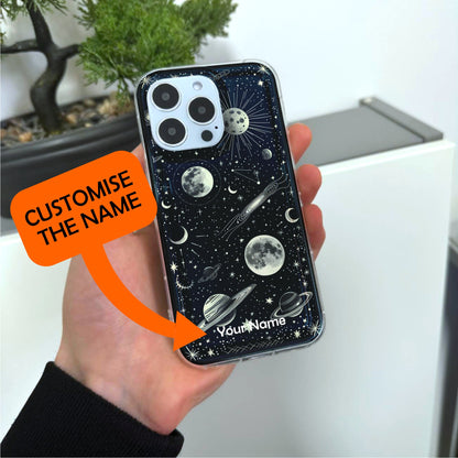 Celestial Moon Star Planet Phone Case for iPhone 15 14 13 12 11 11 Pro Max Mini 7 8 XR XS X Shockproof Silicone Phone Cover with Custom Name