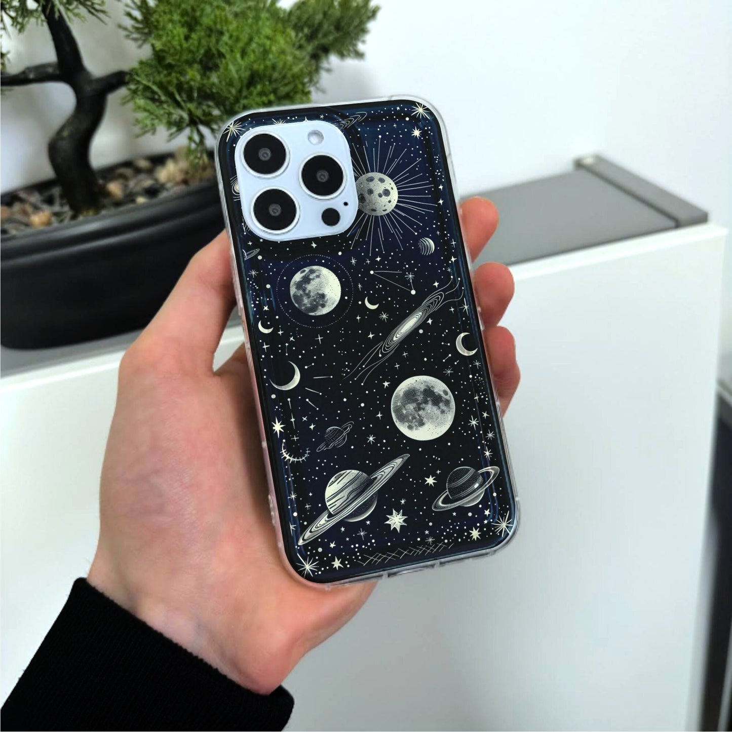 Celestial Moon Star Planet Phone Case for iPhone 15 14 13 12 11 11 Pro Max Mini 7 8 XR XS X Shockproof Silicone Phone Cover with Custom Name
