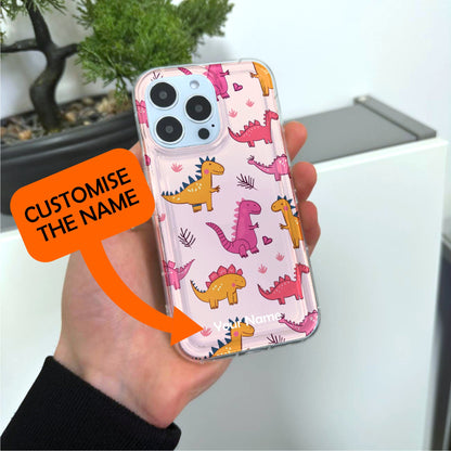 Pink Cute Dinosaur Print Phone Case for iPhone 15 14 13 12 11 11 Pro Max Mini 7 8 XR XS X Shockproof Silicone Phone Cover with Custom Name