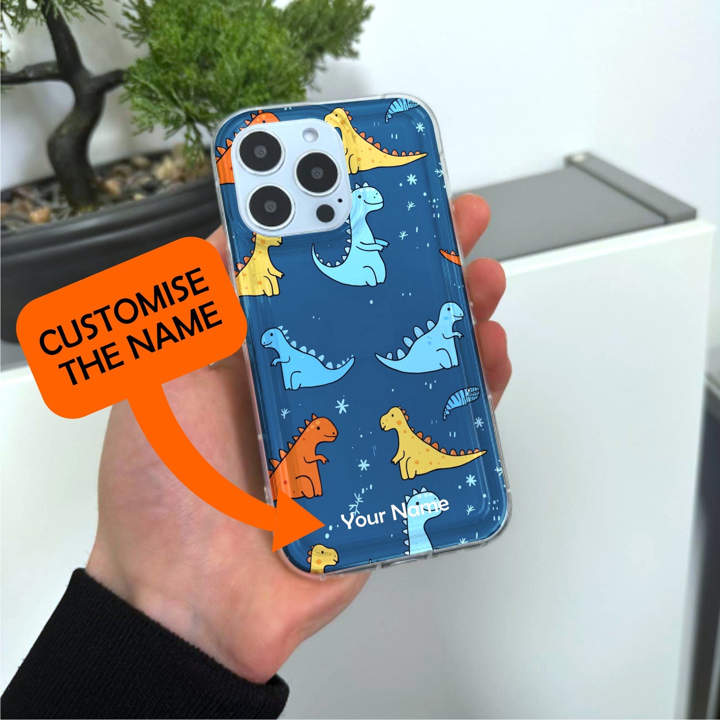 Cute Dinosaur Blue Phone Case for iPhone 15 14 13 12 11 11 Pro Max Mini 7 8 XR XS X Shockproof Silicone Phone Cover with Custom Name