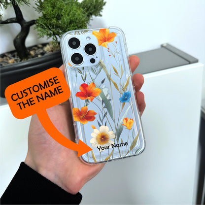 Pressed Flower Print Clear Phone Case for iPhone 15 14 13 12 11 11 Pro Max Mini 7 8 XR XS X Shockproof Silicone Phone Cover with Custom Name