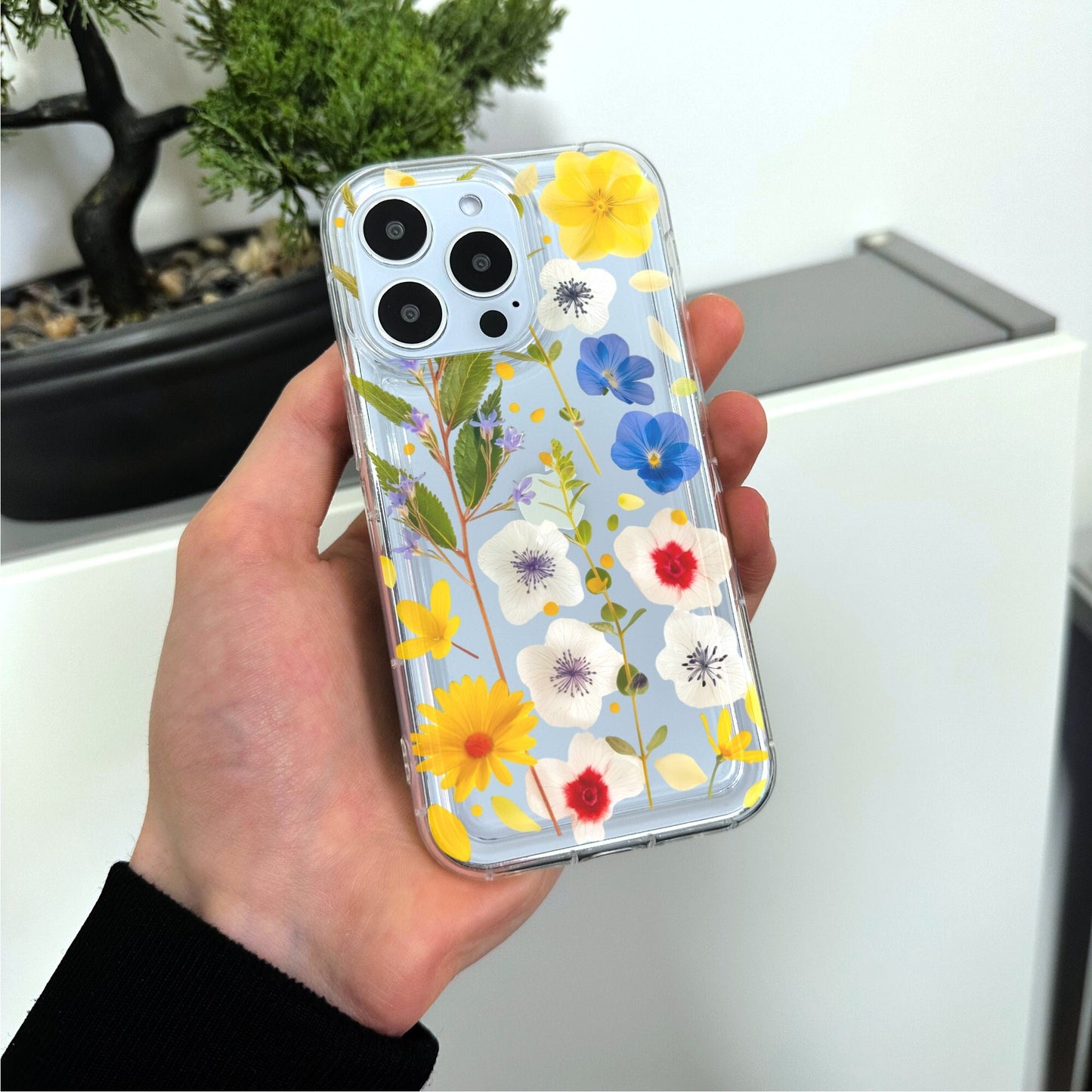 Pressed Flower Print Clear Phone Case for iPhone 15 14 13 12 11 11 Pro Max Mini 7 8 XR XS X Shockproof Silicone Phone Cover with Custom Name