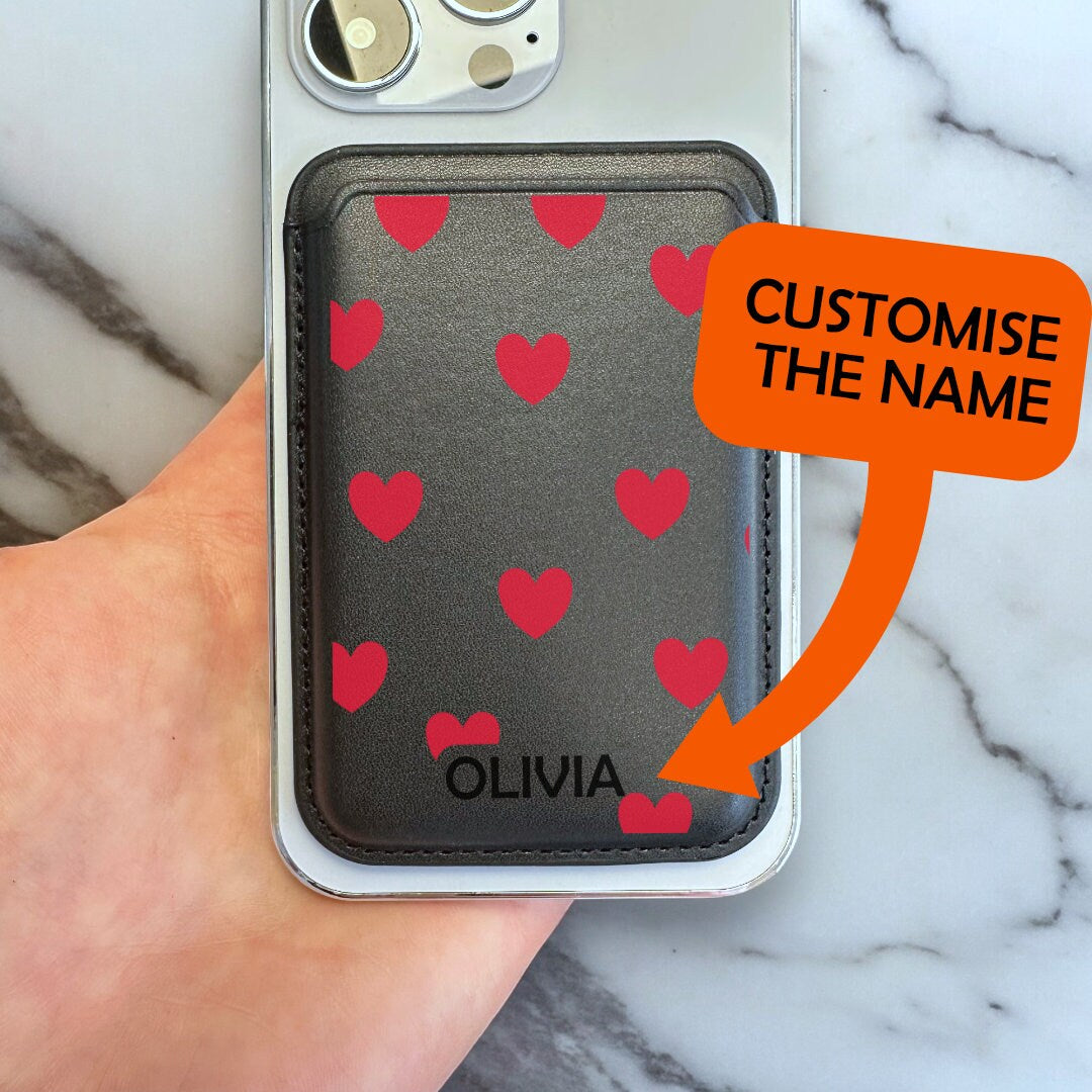 Red Heart Print MagSafe Wallet Vegan Leather MagSafe Wallet for iPhone 15 14 13 12 Magnetic iPhone Card Holder with Personalised Name