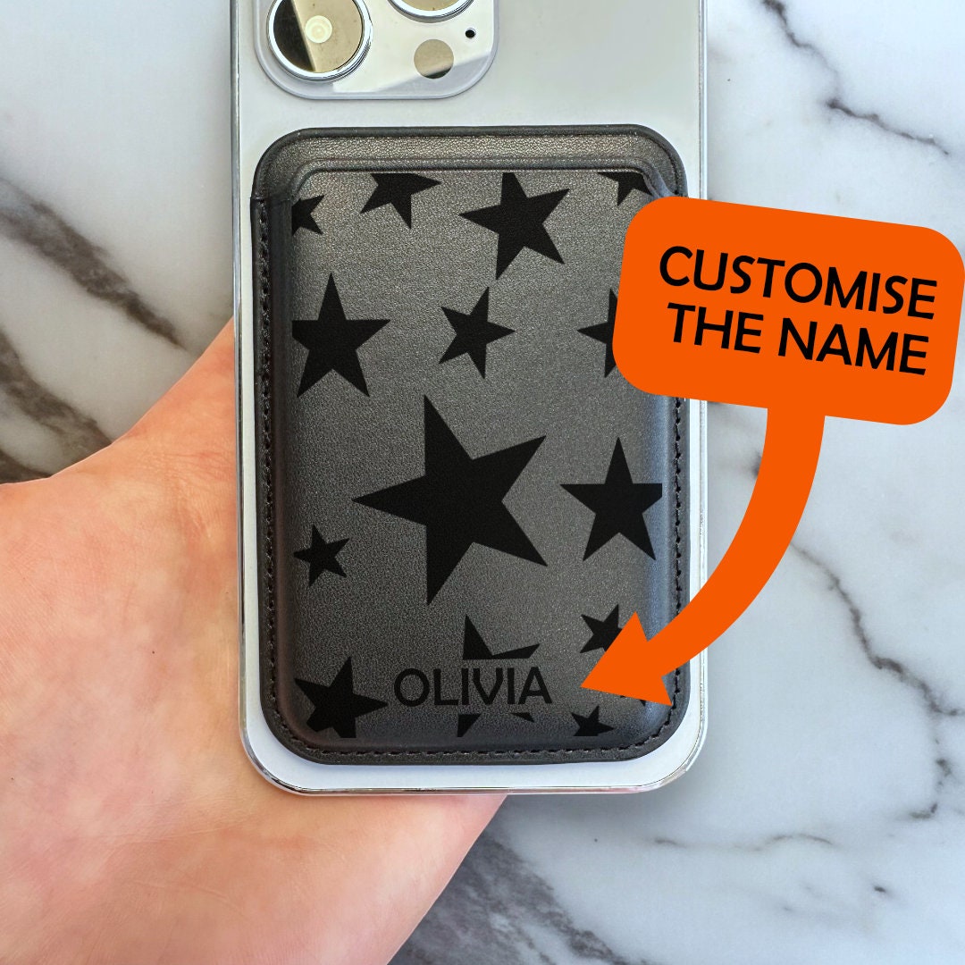 Black Star Print MagSafe Wallet Vegan Leather MagSafe Wallet for iPhone 15 14 13 12 Magnetic iPhone Card Holder with Personalised Name