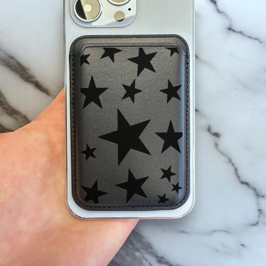 Black Star Print MagSafe Wallet Vegan Leather MagSafe Wallet for iPhone 15 14 13 12 Magnetic iPhone Card Holder with Personalised Name