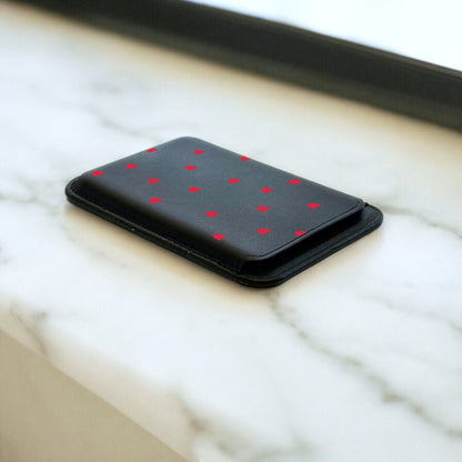Red Heart Print Black MagSafe Wallet Vegan Leather MagSafe Wallet for iPhone 15 14 13 12 Magnetic iPhone Card Holder with Personalised Name