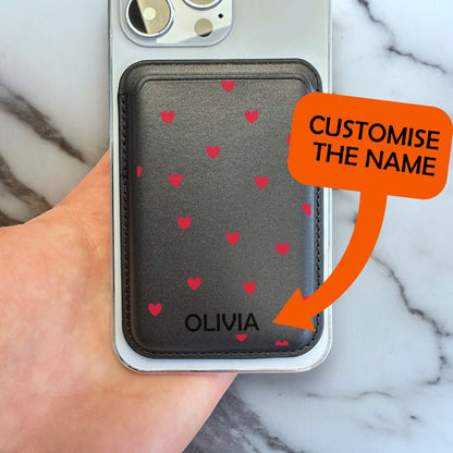 Red Heart Print Black MagSafe Wallet Vegan Leather MagSafe Wallet for iPhone 15 14 13 12 Magnetic iPhone Card Holder with Personalised Name