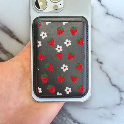 Strawberry Flower Print MagSafe Wallet Vegan Leather Wallet for iPhone 15 14 13 12 Magnetic iPhone Card Holder with Personalised Name
