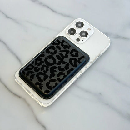 Black Leopard Print MagSafe Wallet Vegan Leather MagSafe Wallet for iPhone 15 14 13 12 Magnetic iPhone Card Holder with Personalised Name