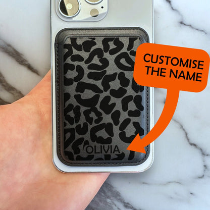 Black Leopard Print MagSafe Wallet Vegan Leather MagSafe Wallet for iPhone 15 14 13 12 Magnetic iPhone Card Holder with Personalised Name