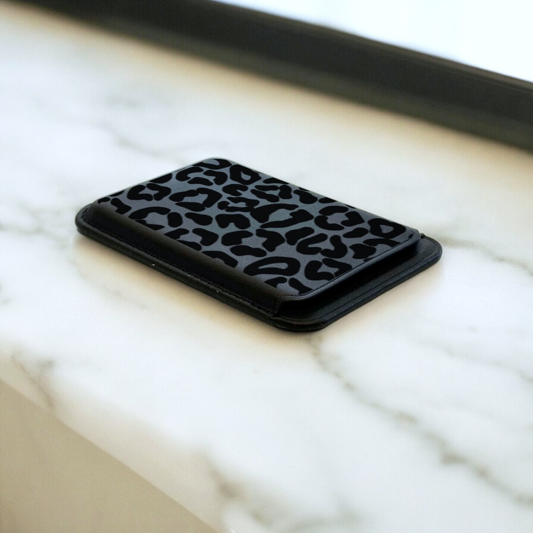 Black Leopard Print MagSafe Wallet Vegan Leather MagSafe Wallet for iPhone 15 14 13 12 Magnetic iPhone Card Holder with Personalised Name