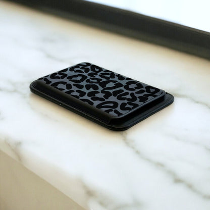 Black Leopard Print MagSafe Wallet Vegan Leather MagSafe Wallet for iPhone 15 14 13 12 Magnetic iPhone Card Holder with Personalised Name