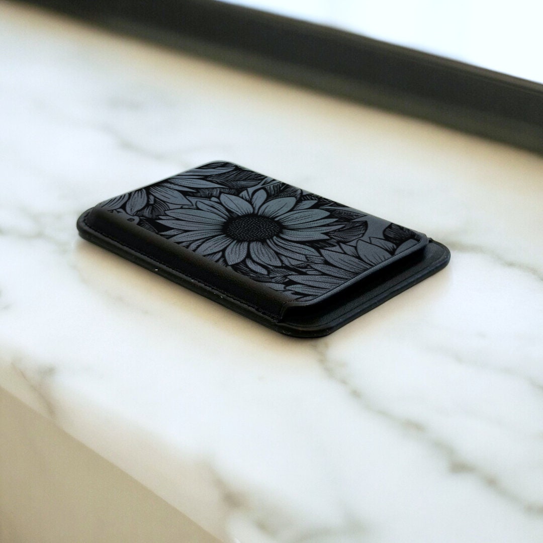 Black Sunflower Print MagSafe Wallet Vegan Leather Floral Wallet for iPhone 15 14 13 12 Magnetic iPhone Card Holder with Personalised Name