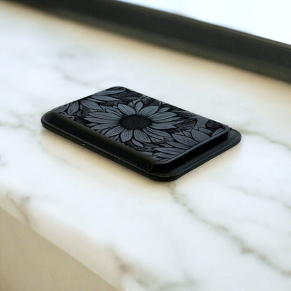 Black Sunflower Print MagSafe Wallet Vegan Leather Floral Wallet for iPhone 15 14 13 12 Magnetic iPhone Card Holder with Personalised Name