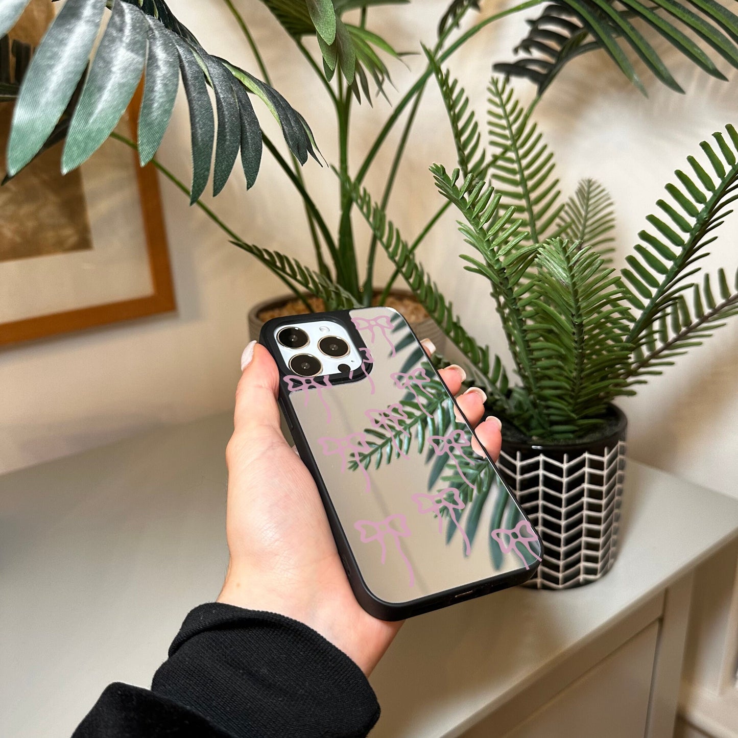 Pink Bow Print Mirror Phone Case for iPhone 15 14 13 12 11 11 Pro Max Mini 7 XR X Shockproof Phone Cover for Make Up with Custom Name