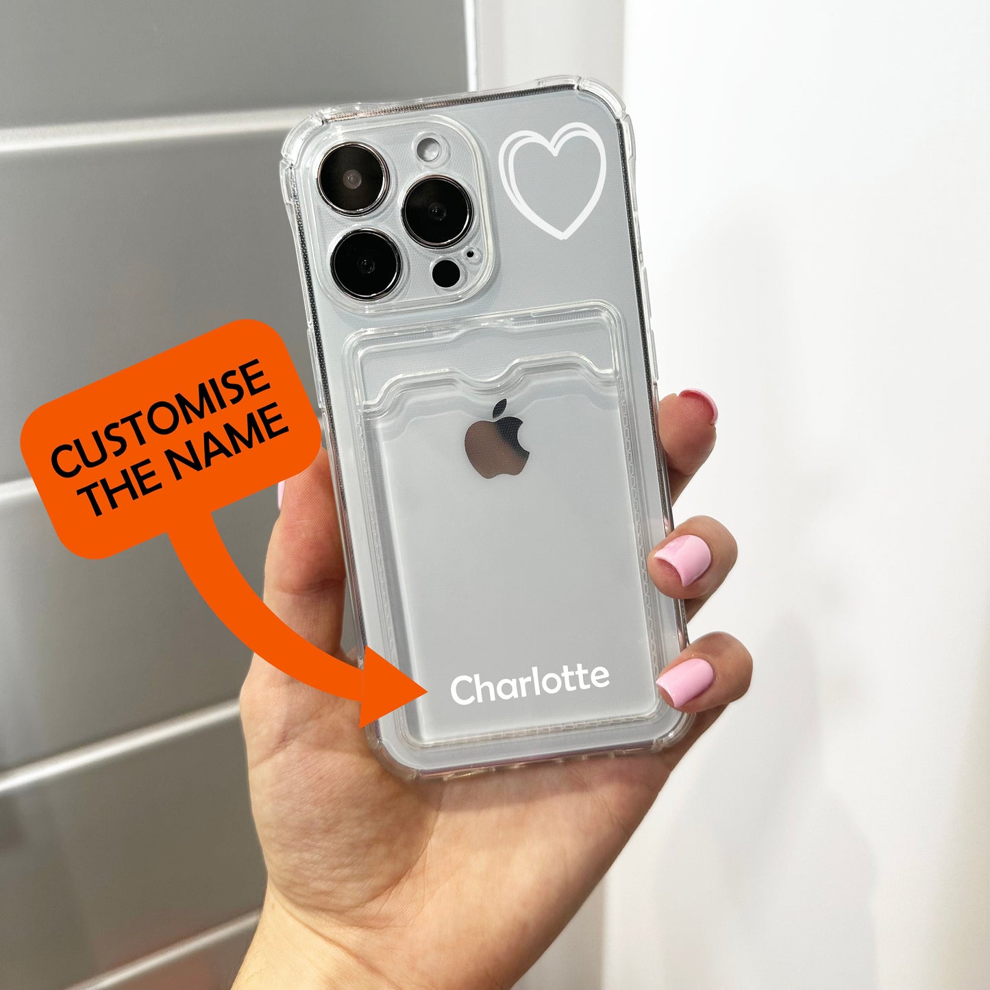 Heart Clear Card Holder Phone Case for iPhone 17 16 15 14 13 12 11 11 Pro Max Mini 7 8 XR XS X Shockproof Phone Cover with Customised Name