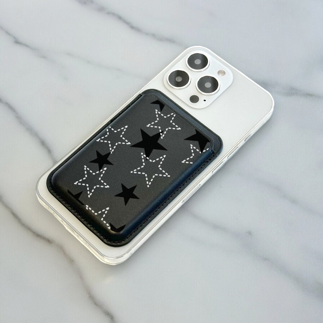 Star Pattern Black MagSafe Wallet Vegan Leather Wallet for iPhone 15 14 13 12 Magnetic iPhone Card Holder with Personalised Name