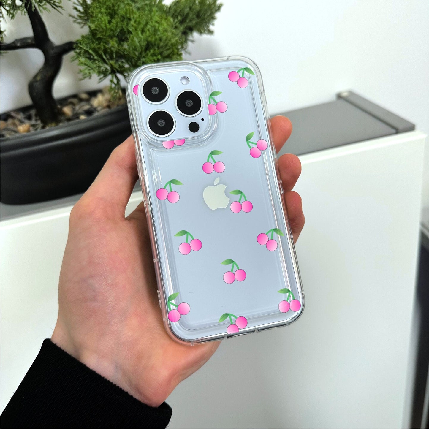 Cherry Pattern Clear Phone Case for iPhone 15 14 13 12 11 11 Pro Max Mini 7 8 XR XS X Shockproof Silicone Phone Cover with Custom Name