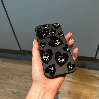 Black Love Heart Eye Pattern Black Phone Case for iPhone 15 14 13 12 11 11 Pro Max Mini 7 8 XR XS X Shockproof Phone Cover with Custom Name