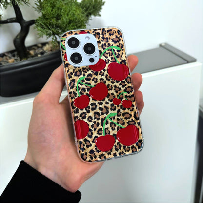 Leopard Cheetah Cherry Pattern Phone Case for iPhone 15 14 13 12 11 11 Pro Max Mini 7 8 XR XS X Shockproof Silicone Phone Cover Custom Name
