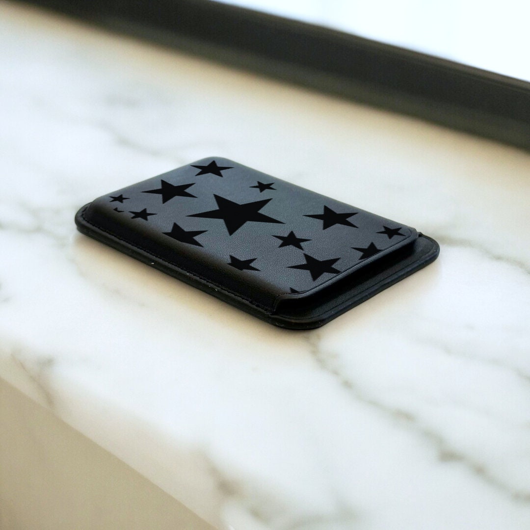 Black Star Print MagSafe Wallet Vegan Leather MagSafe Wallet for iPhone 15 14 13 12 Magnetic iPhone Card Holder with Personalised Name