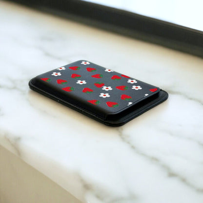 Strawberry Flower Print MagSafe Wallet Vegan Leather Wallet for iPhone 15 14 13 12 Magnetic iPhone Card Holder with Personalised Name