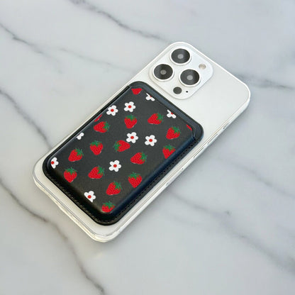 Strawberry Flower Print MagSafe Wallet Vegan Leather Wallet for iPhone 15 14 13 12 Magnetic iPhone Card Holder with Personalised Name