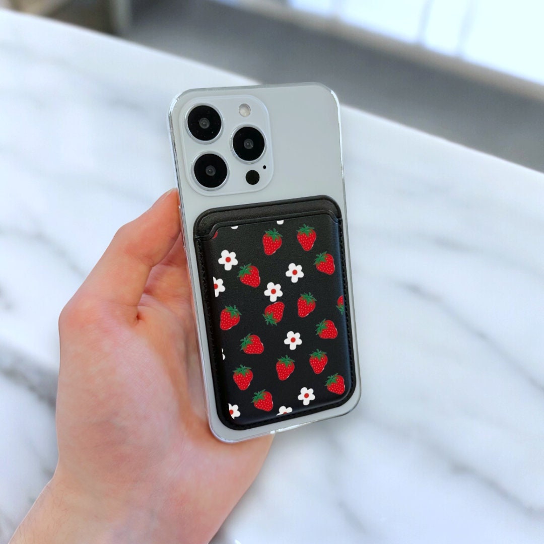 Strawberry Flower Print MagSafe Wallet Vegan Leather Wallet for iPhone 15 14 13 12 Magnetic iPhone Card Holder with Personalised Name
