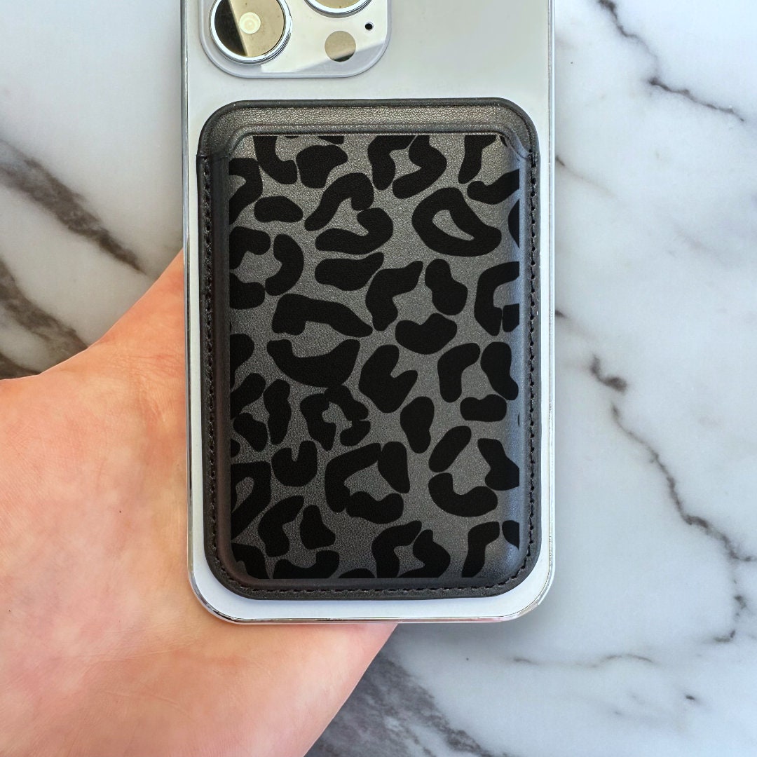 Black Leopard Print MagSafe Wallet Vegan Leather MagSafe Wallet for iPhone 15 14 13 12 Magnetic iPhone Card Holder with Personalised Name