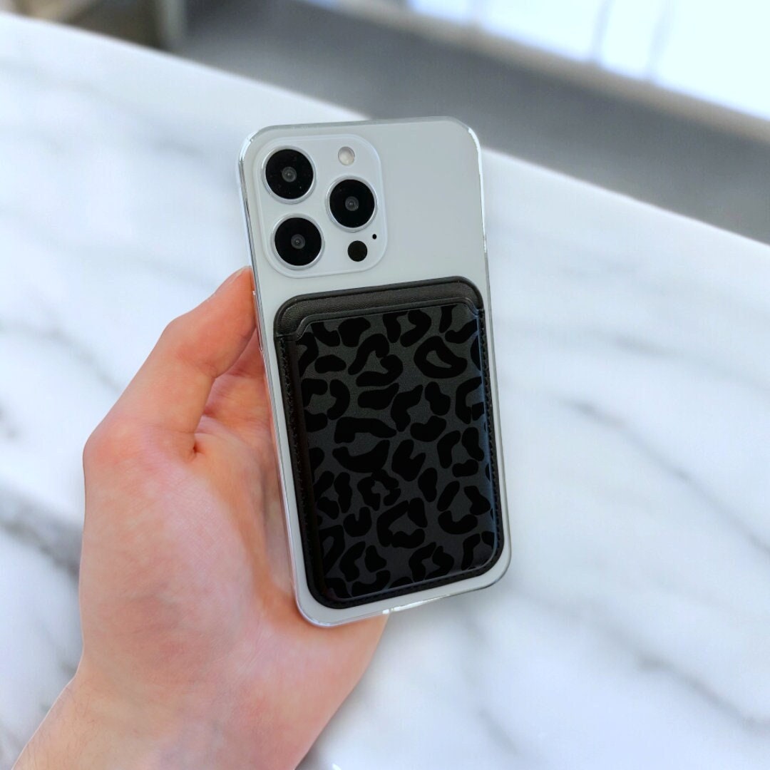 Black Leopard Print MagSafe Wallet Vegan Leather MagSafe Wallet for iPhone 15 14 13 12 Magnetic iPhone Card Holder with Personalised Name