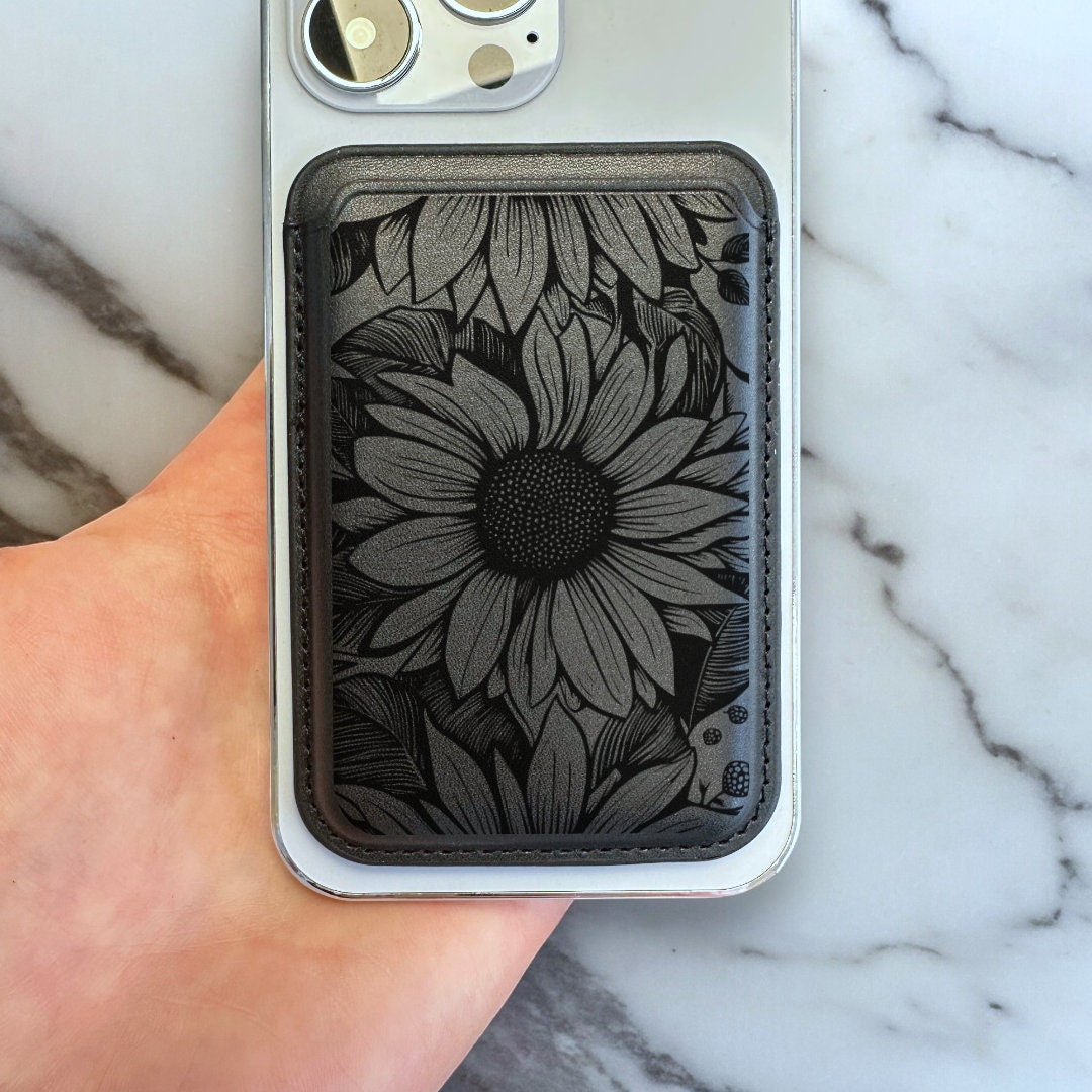 Black Sunflower Print MagSafe Wallet Vegan Leather Floral Wallet for iPhone 15 14 13 12 Magnetic iPhone Card Holder with Personalised Name