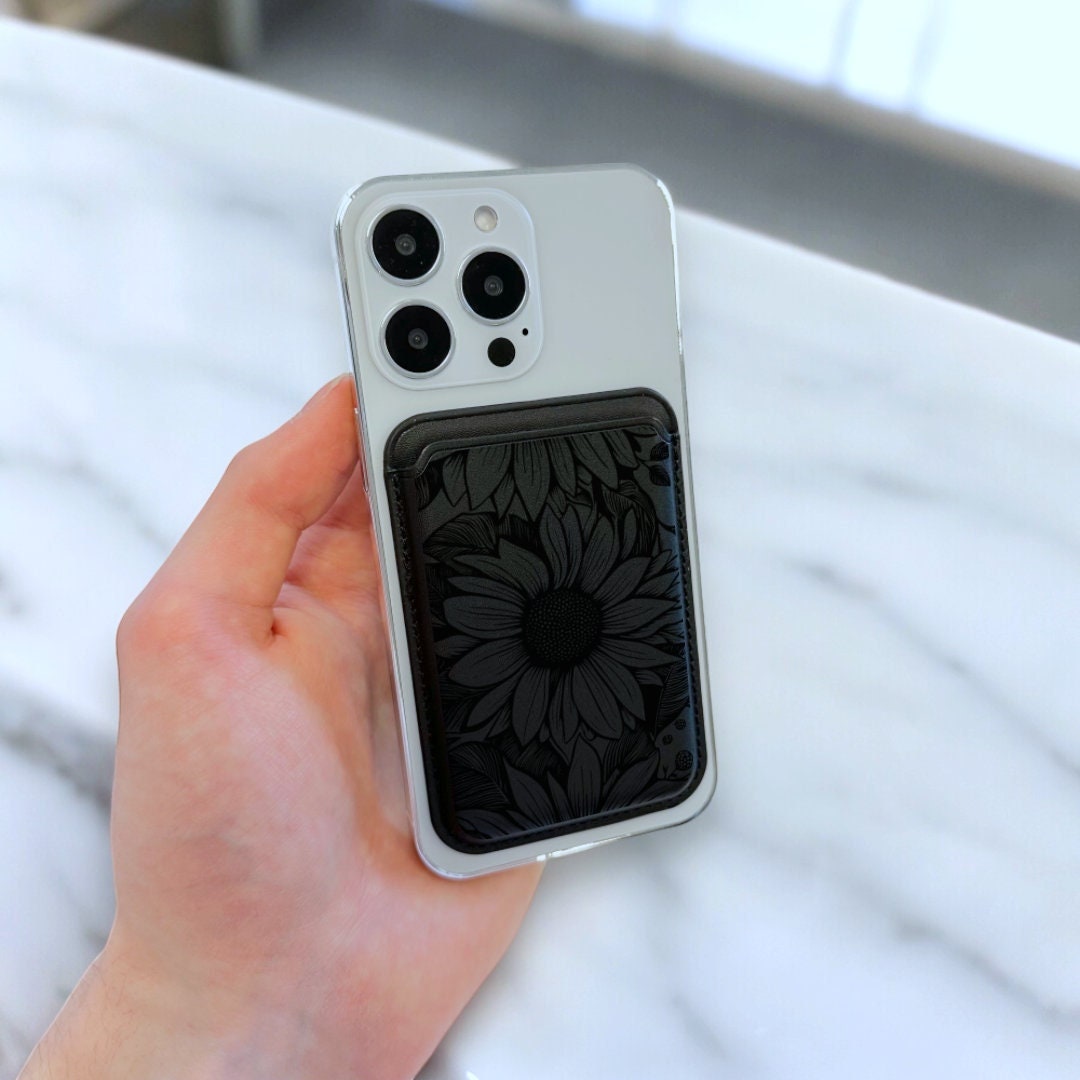 Black Sunflower Print MagSafe Wallet Vegan Leather Floral Wallet for iPhone 15 14 13 12 Magnetic iPhone Card Holder with Personalised Name