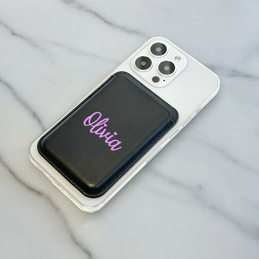 Personalised Name MagSafe Wallet Vegan Leather MagSafe Wallet for iPhone 15 14 13 12 Magnetic iPhone Card Holder Custom Pink Name