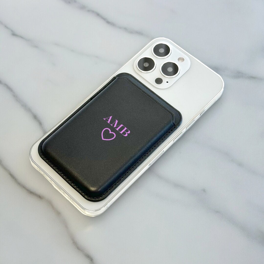Personalised Monogram MagSafe Wallet with Heart Vegan Leather MagSafe Wallet for iPhone 15 14 13 12 Magnetic Card Holder Custom Initials