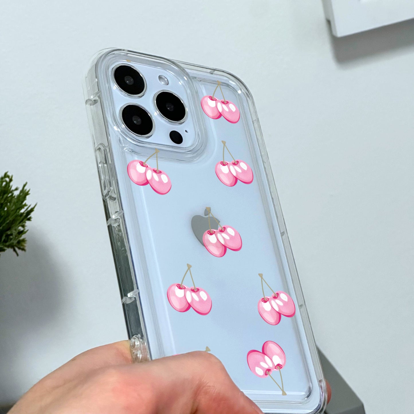 Pink Cherry Print Clear Phone Case for iPhone 15 14 13 12 11 11 Pro Max Mini 7 8 XR XS X Shockproof Silicone Phone Cover with Custom Name