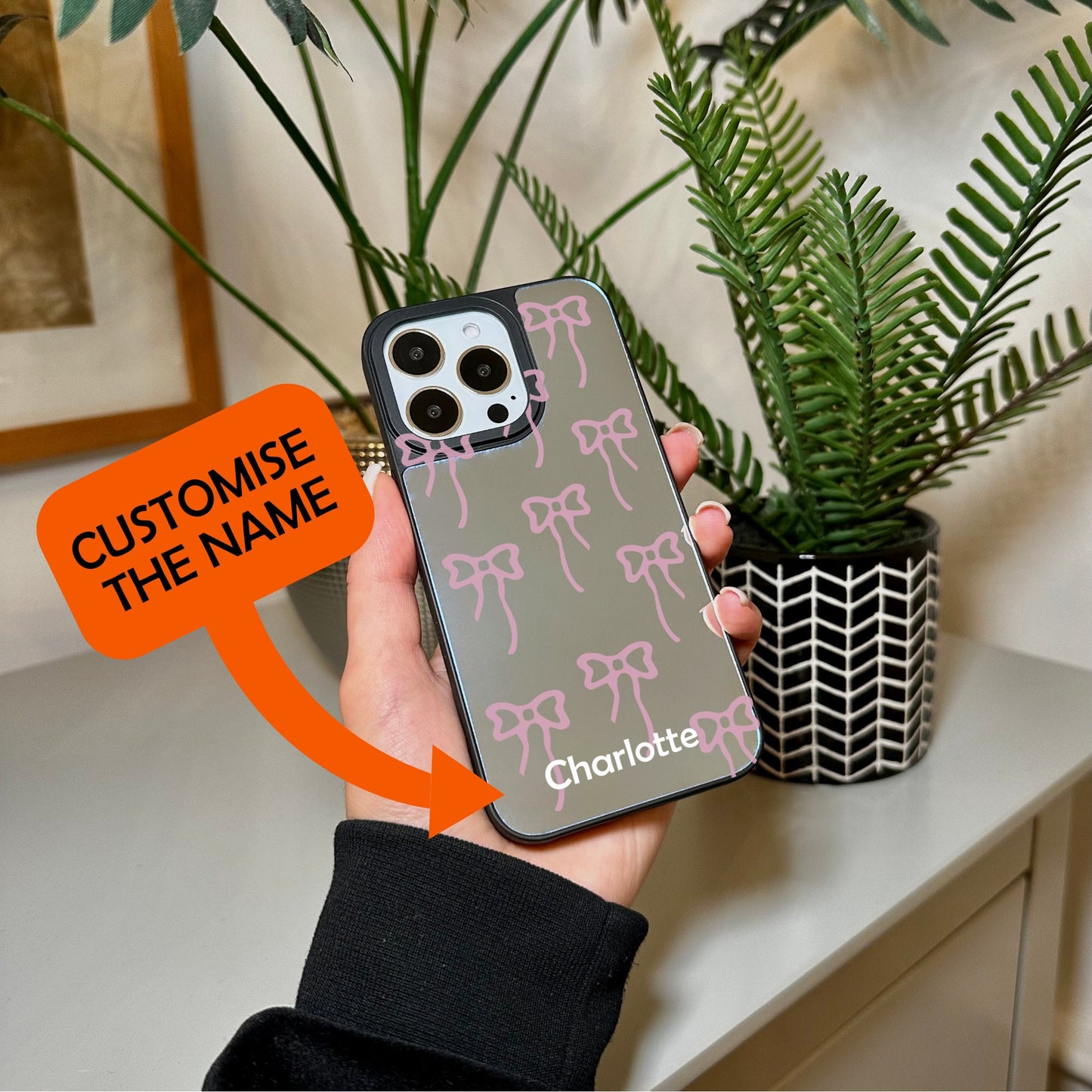 Pink Bow Print Mirror Phone Case for iPhone 15 14 13 12 11 11 Pro Max Mini 7 XR X Shockproof Phone Cover for Make Up with Custom Name