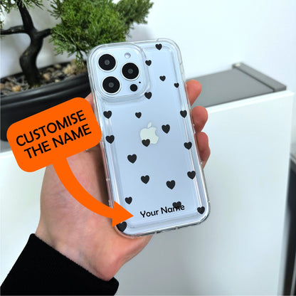 Black Cute Heart Clear Phone Case for iPhone 15 14 13 12 11 11 Pro Max Mini 7 8 XR XS X Shockproof Silicone Phone Cover with Custom Name